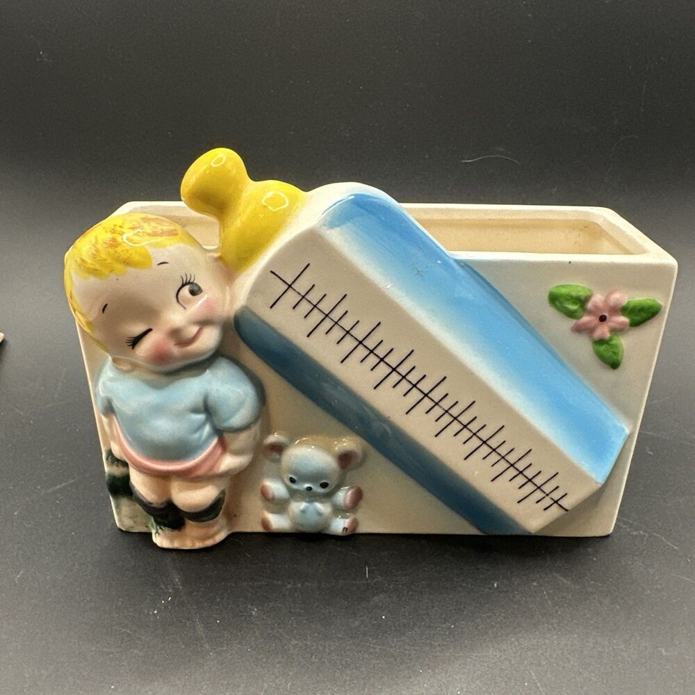 Vintage Boy Bear Baby Bottle 4585 Mid Cent Planter Marked Napkin Holder Shower